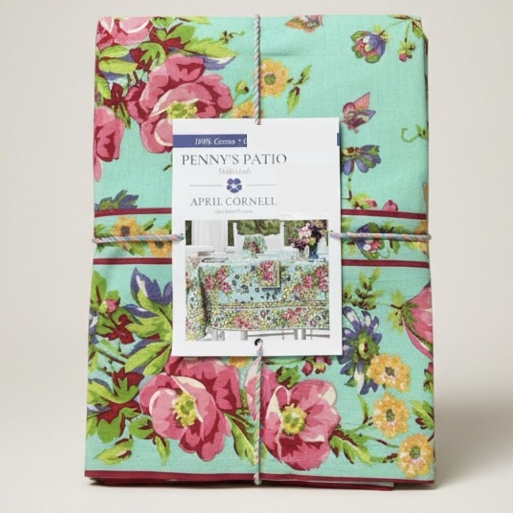 April Cornell Pennys Patio Floral Tablecloth 70" Round Teal Cotton Butterfly